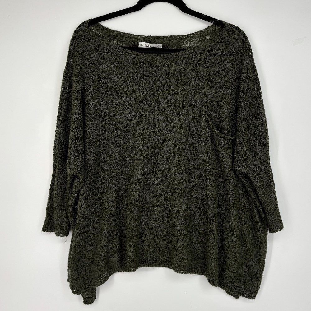 Zara Knit Womens Medium Oversized Sweater Olive Green Dolman Sleeves Made Italy